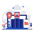 Hybrid cloud concept with tiny character. Private and public cloud flat vector illustration. Infrastructure, personal data Royalty Free Stock Photo