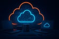 Hybrid cloud infrastructure concept with laptops database and glowing cloud icons Royalty Free Stock Photo