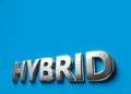 Hybrid 3D sign or logo concept placed on blue surface with copy space above it. New hybrid technologies concept. 3D rendering Royalty Free Stock Photo