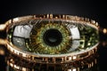 hybrid of a digital human eye closeup, augmented reality and digital vision of the future and information processing