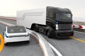 Hybrid electric truck and white electric car on highway