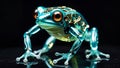 hybrid frog with orange eyes explores artificial jungle, futuristic symphony in motion â blue skin transparancy