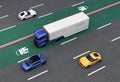 Hybrid truck on EV priority lane. Concept for EV priority traffic on highway