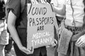 HYDE PARK, LONDON, ENGLAND- 24 April 2021: COVID PASSPORTS ARE MEDICAL TYRANNY placard at an anti-lockdown protest Royalty Free Stock Photo