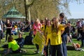 HYDE PARK, LONDON, ENGLAND- 24 April 2021: rotesters holding a WE STAND FOR FREEDOM banner at an anti-lockdown protest in London