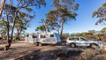 Hyden, Australia - Mar 19,2021: A large white caravan and modern 4WD vehicle in the late afternoon at the free camp at Holt Rock Royalty Free Stock Photo