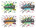 Hyderabad, Bangalore, Kolkata and Karachi Set Comic Text in Pop Art Style Isolated on White.