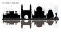 Hyderabad City skyline black and white silhouette with reflections.