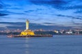 Hyderabad India city skyline at Buddha statue in the Hussain Sagar