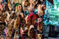 Beautiful traditional designer footwear chappals hanging outside a roadside stall in the old