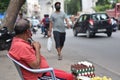 Hyderabad, Telangana, India. july-20-2020: old aged man selling eggs and lemons at road side while wearing face mask, senior man