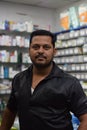 Hyderabad, Telangana, India. june-29-2020: shopkeeper running his business, corona pandemic concept, medical store