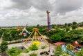 Hyderabad, Telangana India - 17 08 2019: Top View of Water / Aqua Park surrounded with Water Rides, Green lush plants and Trees