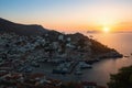 Hydra island at sunset, Aegean sea, Greece. Travel. Royalty Free Stock Photo