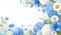 Hydrangea and Daisy Botanical Frame in Blue and White â AI Generated Royalty Free Stock Photo