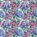 Hydrangea flowers are pink, lilac and blue with rosebuds. Watercolor illustration. Seamless pattern from the WEDDING