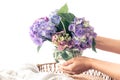 Hydrangea flowers in a vase in female hands on a light background. Royalty Free Stock Photo