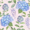 Hydrangea and Glicinia watercolor flowers seamless pattern. Spring Hortensia, Wisteria floral garden. Blue, purple flowers, green Royalty Free Stock Photo