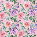 Hydrangea, lily, roses and dahlia, watercolor botanical illustration. Seamless pattern Summer vintage floral.
