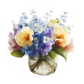 Hydrangea purple blue flower vase, floral, interior decor. Watercolor sketch illustration. Isolated vector.