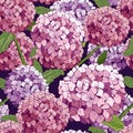 Hydrangea Seamless pattern. Vector hand drawn texture with flowers. Botany repeating wallpaper. pink. template cover fabric, books