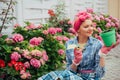 Hydrangea. Spring and summer. Greenhouse flowers. woman care of flowers in garden. happy woman gardener with flowers Royalty Free Stock Photo