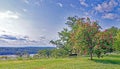 Hydrangea tree in Spring and view of Hudson River and Catskill Mountains