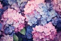 Blue and pink hydrangea flowers watercolor style painting