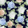 Hydrangea white pink blue flowers pattern seamless watercolor print textile hand-drawn frame background greeting card label