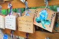 Hydrangea on wooden praying plate in Japanese temple Royalty Free Stock Photo