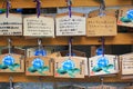 Hydrangea on wooden praying plate in Japanese temple Royalty Free Stock Photo