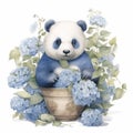 Hydrangeas All Around: Playful Panda in Beatrix Potter Style AI Generated