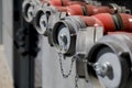 Red metal pipes with plugs are fire hydrants Royalty Free Stock Photo