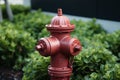 Hydrant in focus red against a backdrop of vibrant greenery Royalty Free Stock Photo