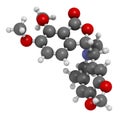 Hydrastine herbal alkaloid molecule, found in Hydrastis canadensis (goldenseal). 3D rendering. Atoms are represented as spheres