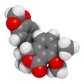 Hydrastine herbal alkaloid molecule, found in Hydrastis canadensis (goldenseal). 3D rendering. Atoms are represented as spheres