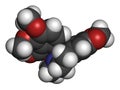 Hydrastine herbal alkaloid molecule, found in Hydrastis canadensis (goldenseal). 3D rendering. Atoms are represented as spheres