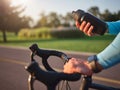 Hydrate your body. Close up of hands of professional cyclist holding water bottle, standing with his bike in park on a
