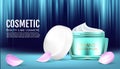 Hydrating cream ads blue cream jar with open lid. cosmetic template banner realistic 3D illustration skincare