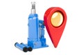 Hydraulic bottle jack with map pointer. 3D rendering Royalty Free Stock Photo