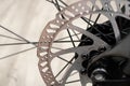 Hydraulic front disc brake on mountain bike.