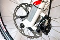 Hydraulic front disc brake on mountain bike. Isolated on a white background. High resolution, full frame.