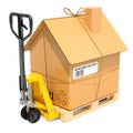Hydraulic hand pallet truck with cardboard house parcel. Residential Moving concept, 3D rendering