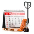 Hydraulic pallet jack with desk calendar. Date of shipping and logistics, 3D rendering