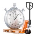 Hydraulic pallet jack with stopwatch. Fast delivery and shipping concept, 3D rendering Royalty Free Stock Photo