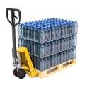 Hydraulic pallet jack with water bottles wrapped in the shrink f Royalty Free Stock Photo