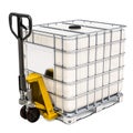 Hydraulic pallet jack with white intermediate bulk container, 3D rendering