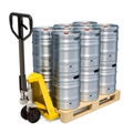 Hydraulic pallet truck with beer metallic kegs, 3D rendering