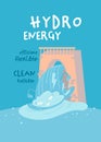 Hydro energy vertical poster with funny creative character. Vector illustration