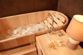 Hydro massage in a wooden bath, for relaxation and relaxation in the Spa Royalty Free Stock Photo